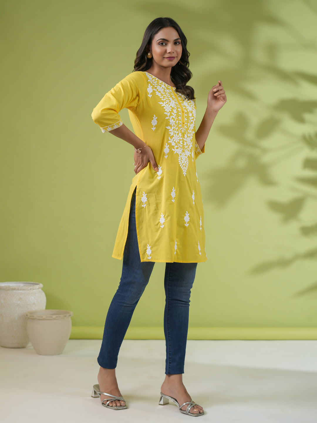 Yellow Cotton Chikankari Tunic - qivii