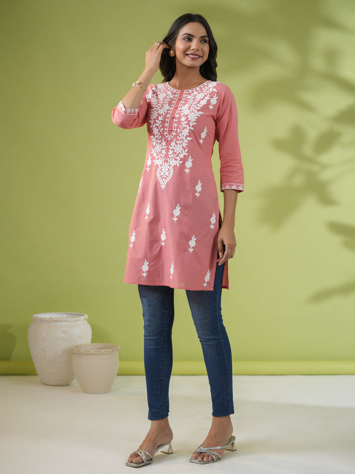 Peach Cotton Chikankari Tunic - qivii