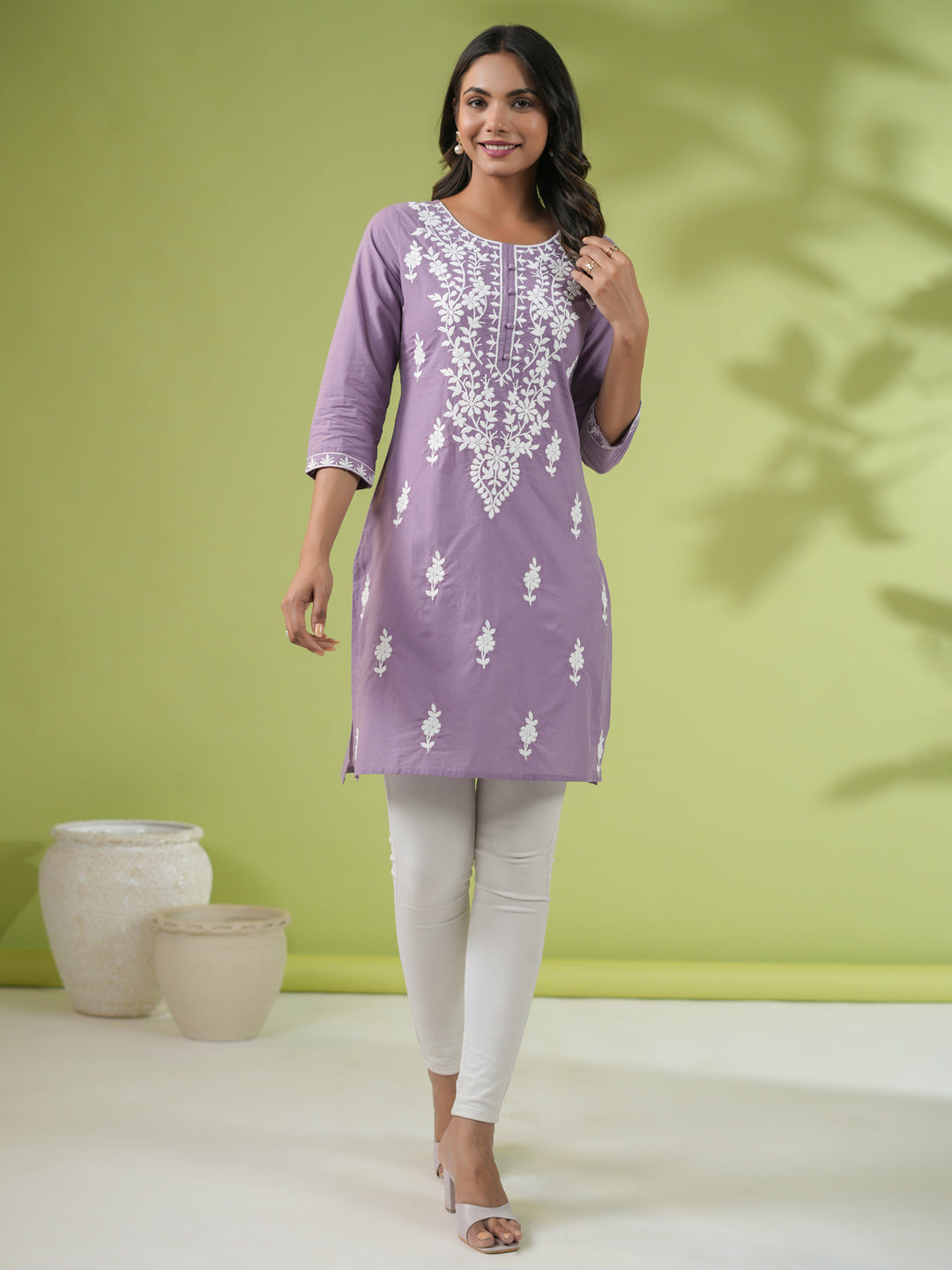 Lavender Cotton Embroidered Tunic - qivii