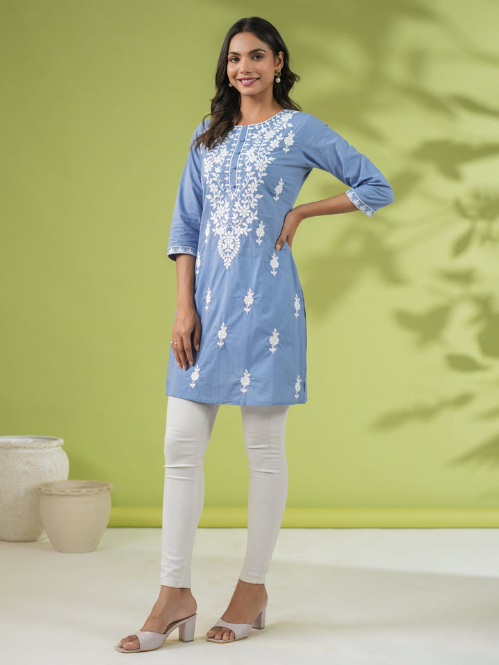 Blue Cotton Embroidered Tunic - qivii