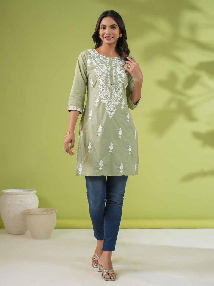 Sage Cotton Chikankari Tunic - qivii