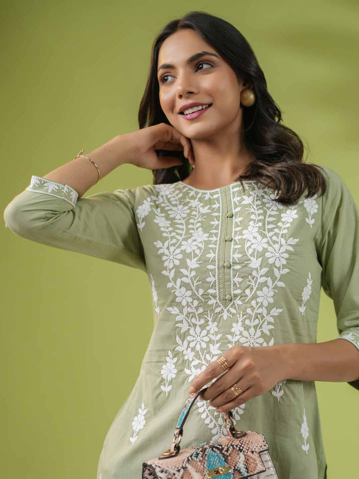 Sage Cotton Chikankari Tunic - qivii