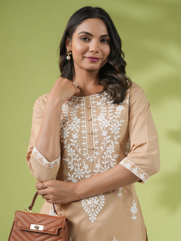 Beige Cotton Chikankari Tunic - qivii