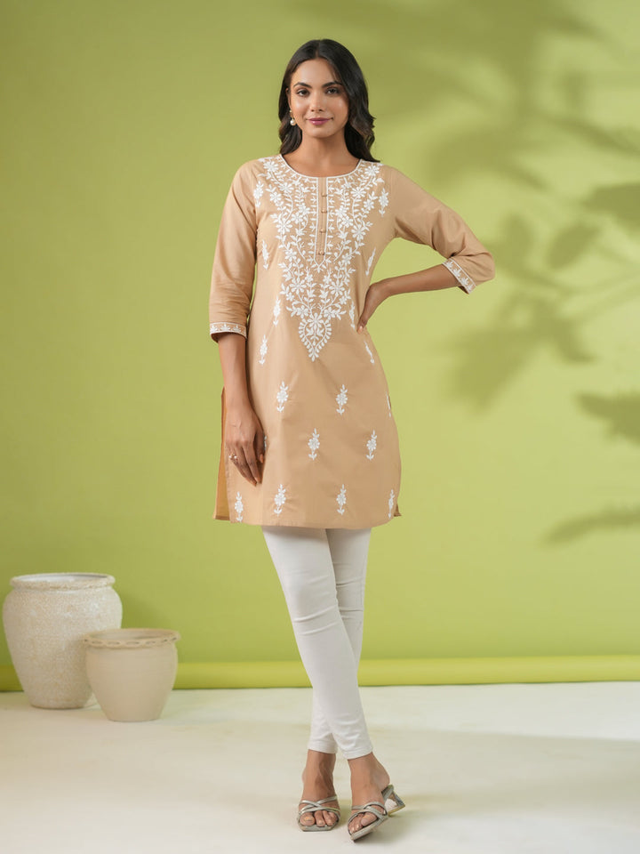 Beige Cotton Chikankari Tunic - qivii