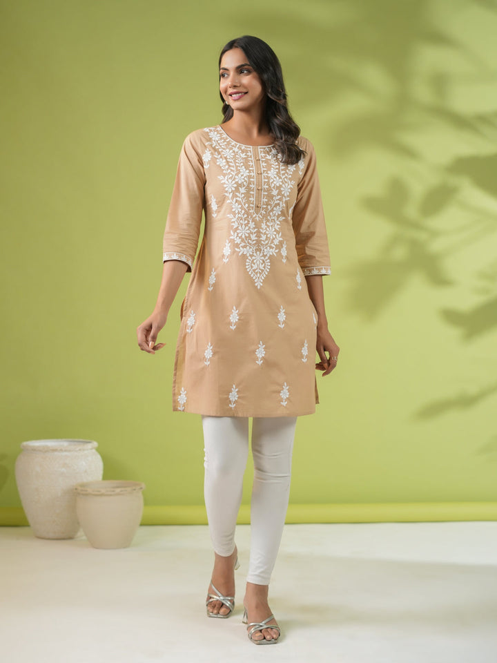 Beige Cotton Chikankari Tunic - qivii