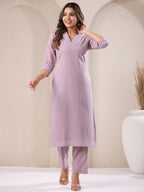 Lavender Dobby Pure Cotton Self Design Straight Kurta Pant Set
