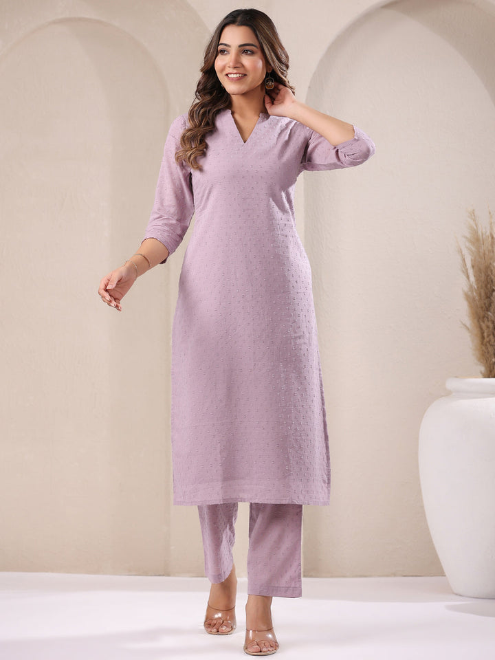 Lavender Dobby Pure Cotton Self Design Straight Kurta Pant Set - qivii