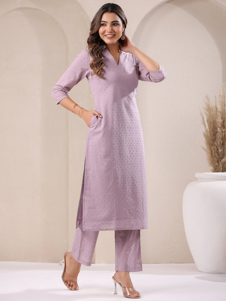 Lavender Dobby Pure Cotton Self Design Straight Kurta Pant Set - qivii