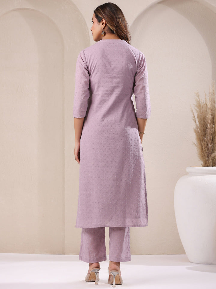 Lavender Dobby Pure Cotton Self Design Straight Kurta Pant Set - qivii