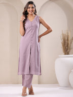 Lavender Pure Dobby Cotton Self Design Straight Kurta Pant Set