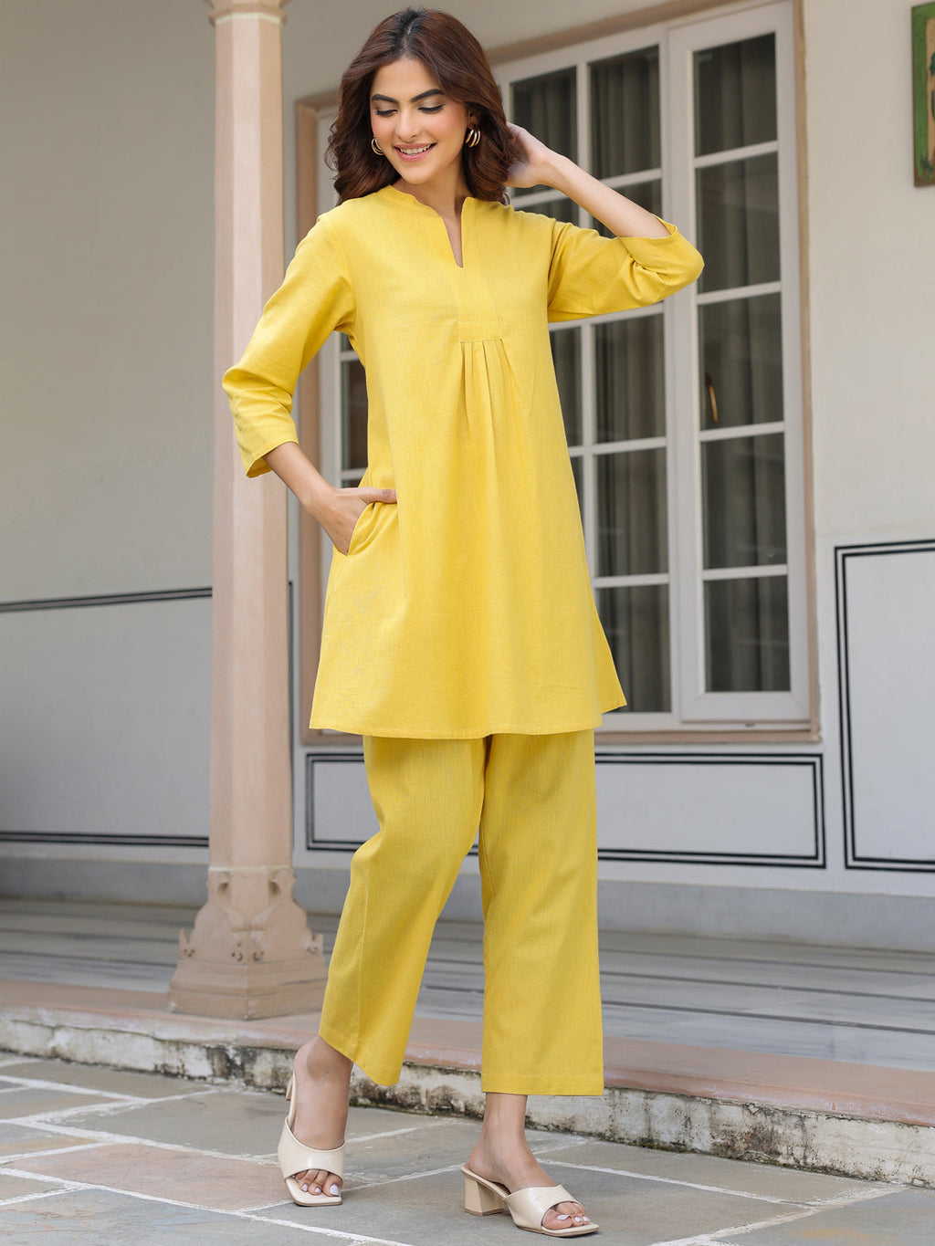 Yellow Cotton Solid A-line Co-ords Set