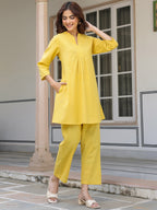 Yellow Cotton Solid A-line Co-ords Set