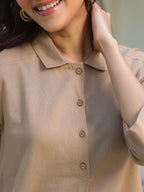 Beige Cotton Solid A-line Co-ord Set