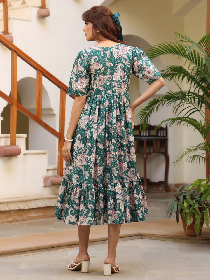 Green Pure Cotton Printed Floral Tiered Dress - qivii