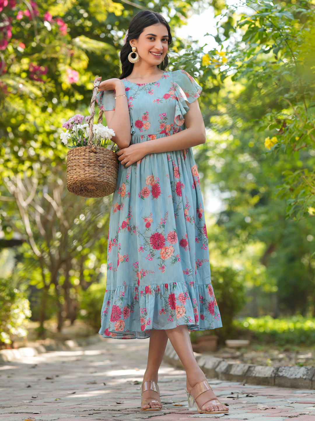 Light Blue Georgette Floral Printed Tiered Dress - qivii