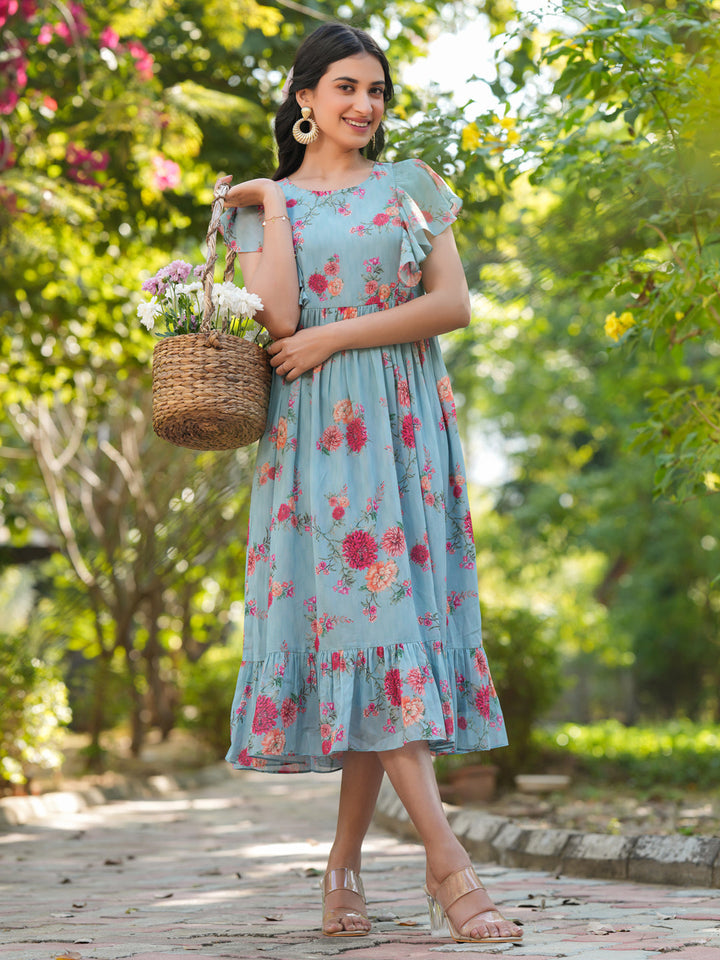 Light Blue Georgette Floral Printed Tiered Dress - qivii
