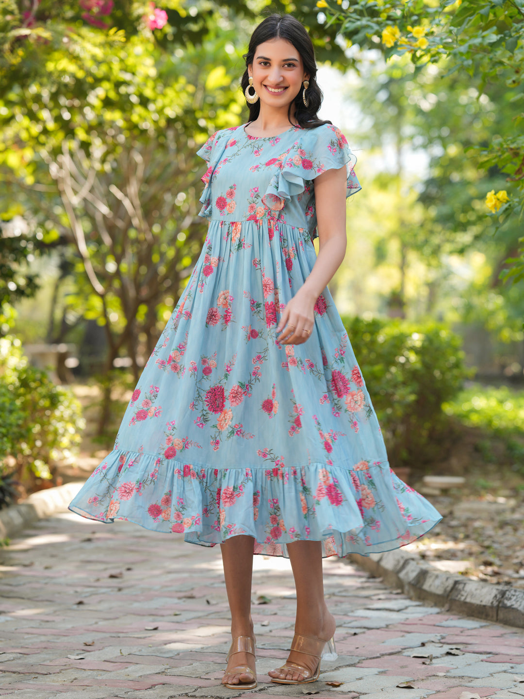 Light Blue Georgette Floral Printed Tiered Dress - qivii