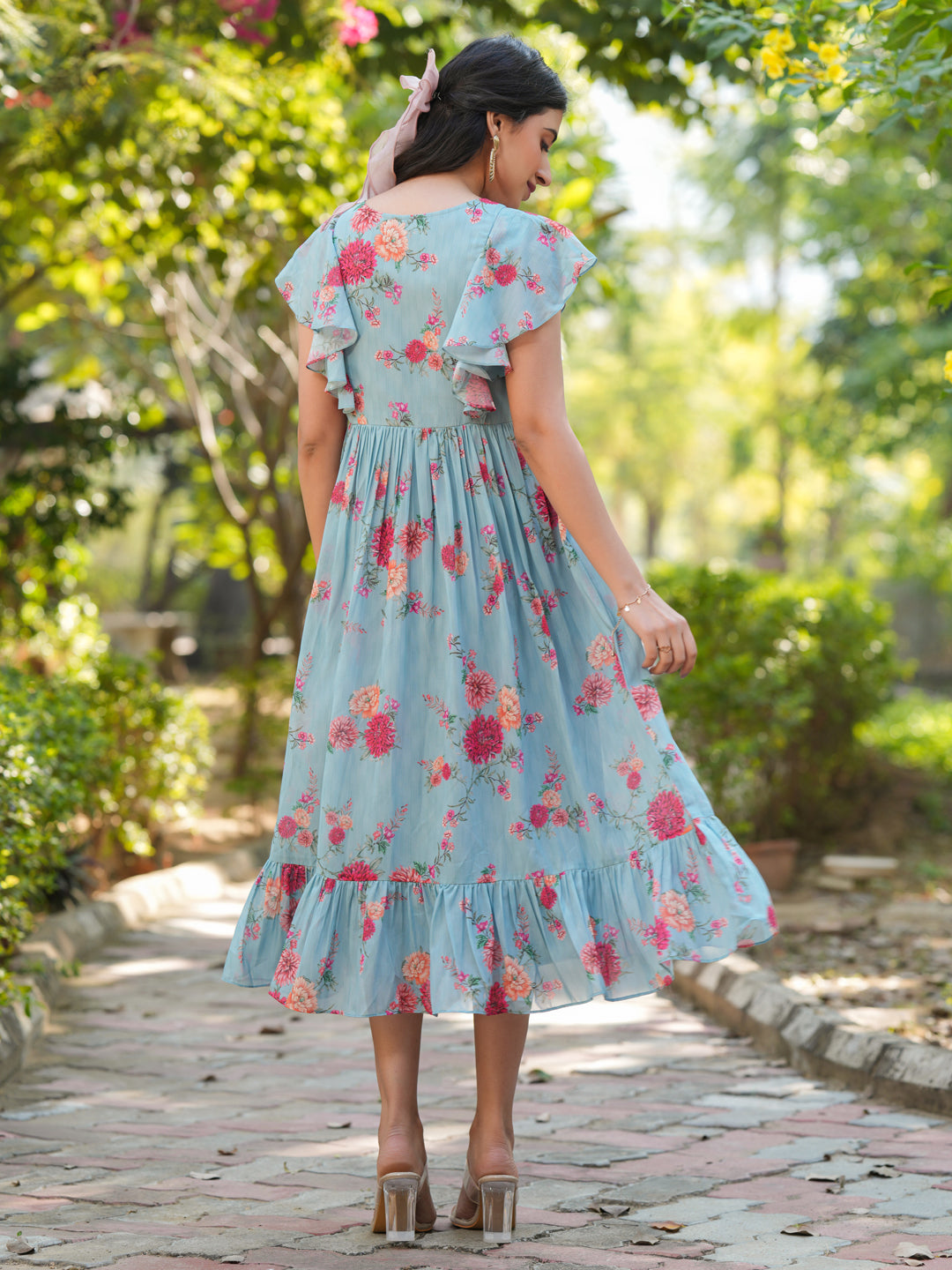 Light Blue Georgette Floral Printed Tiered Dress - qivii