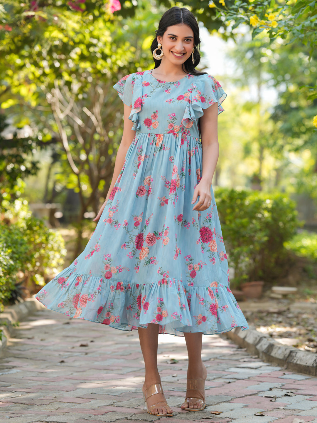 Light Blue Georgette Floral Printed Tiered Dress - qivii