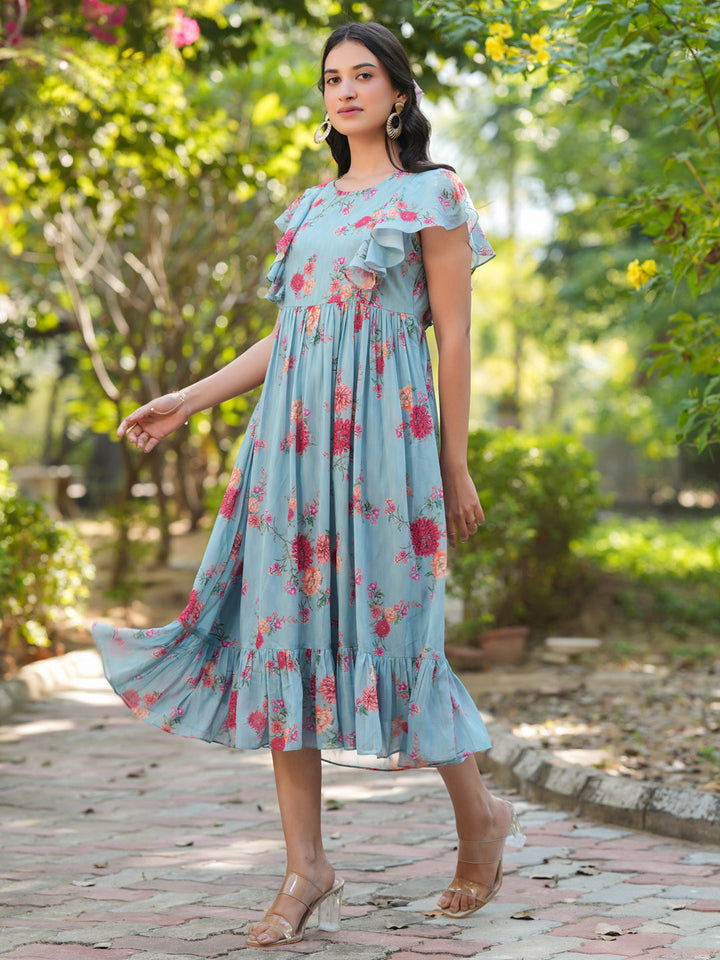 Light Blue Georgette Floral Printed Tiered Dress - qivii