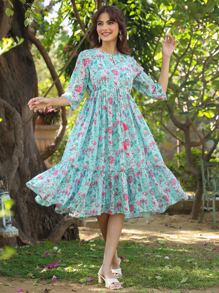Turquoise Georgette Floral Printed Tiered Dress - qivii