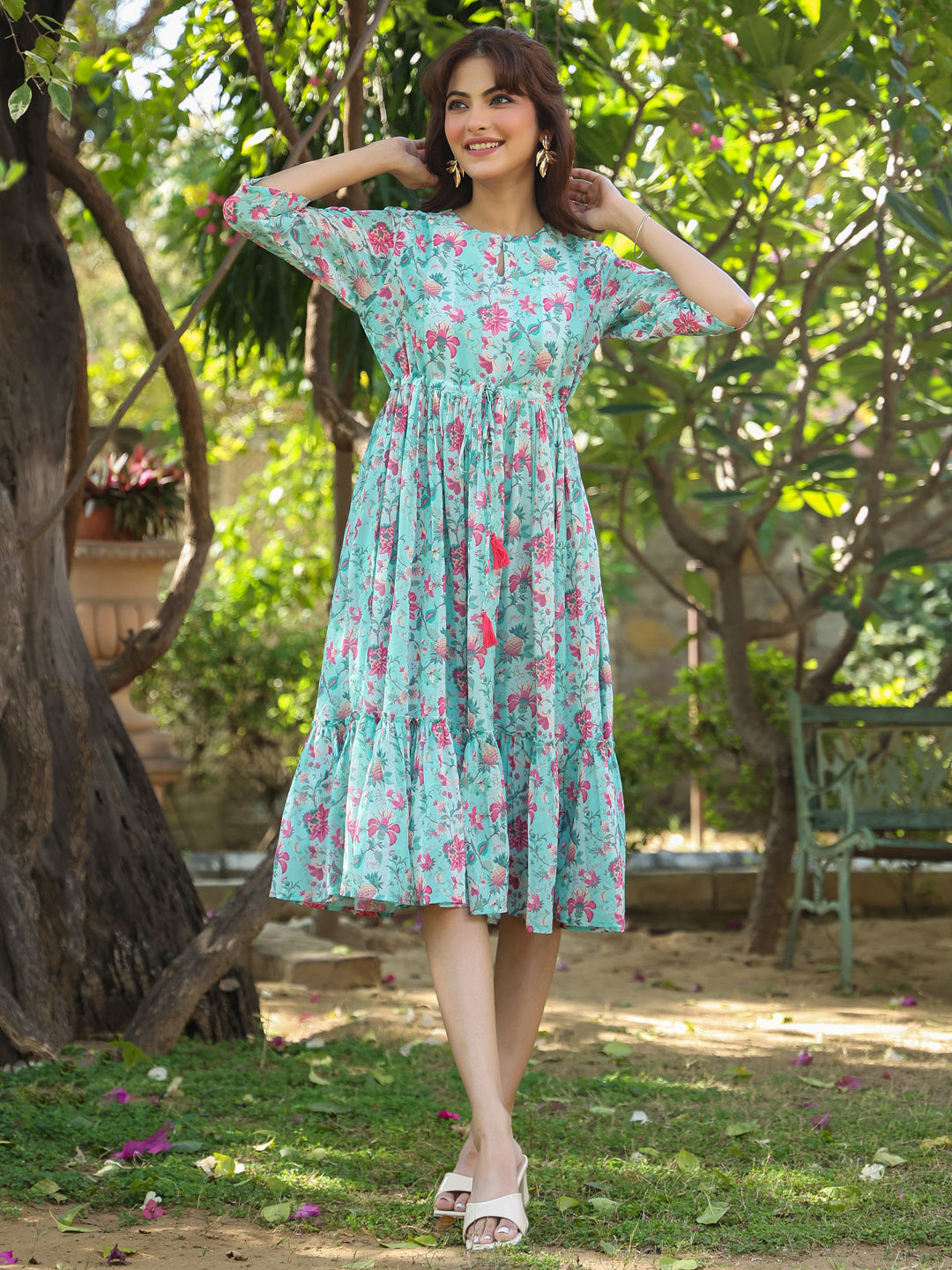 Turquoise Georgette Floral Printed Tiered Dress - qivii