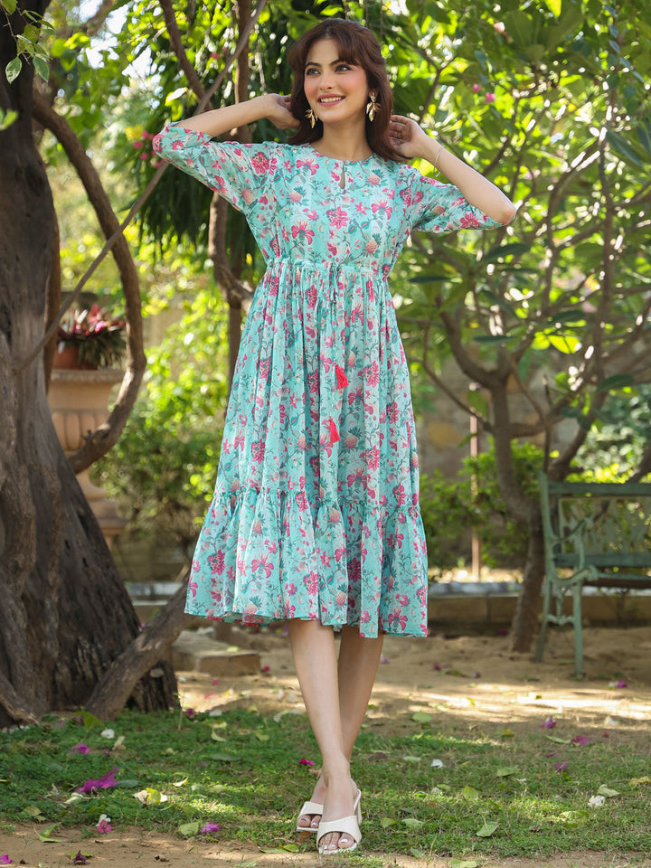 Turquoise Georgette Floral Printed Tiered Dress - qivii