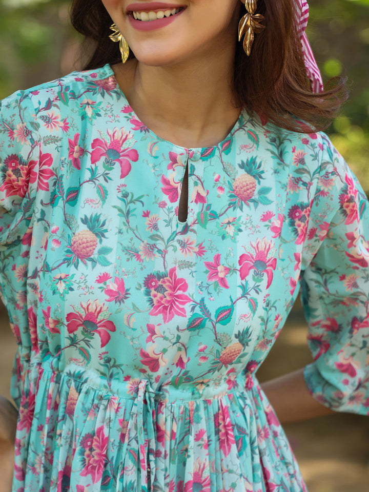 Turquoise Georgette Floral Printed Tiered Dress - qivii