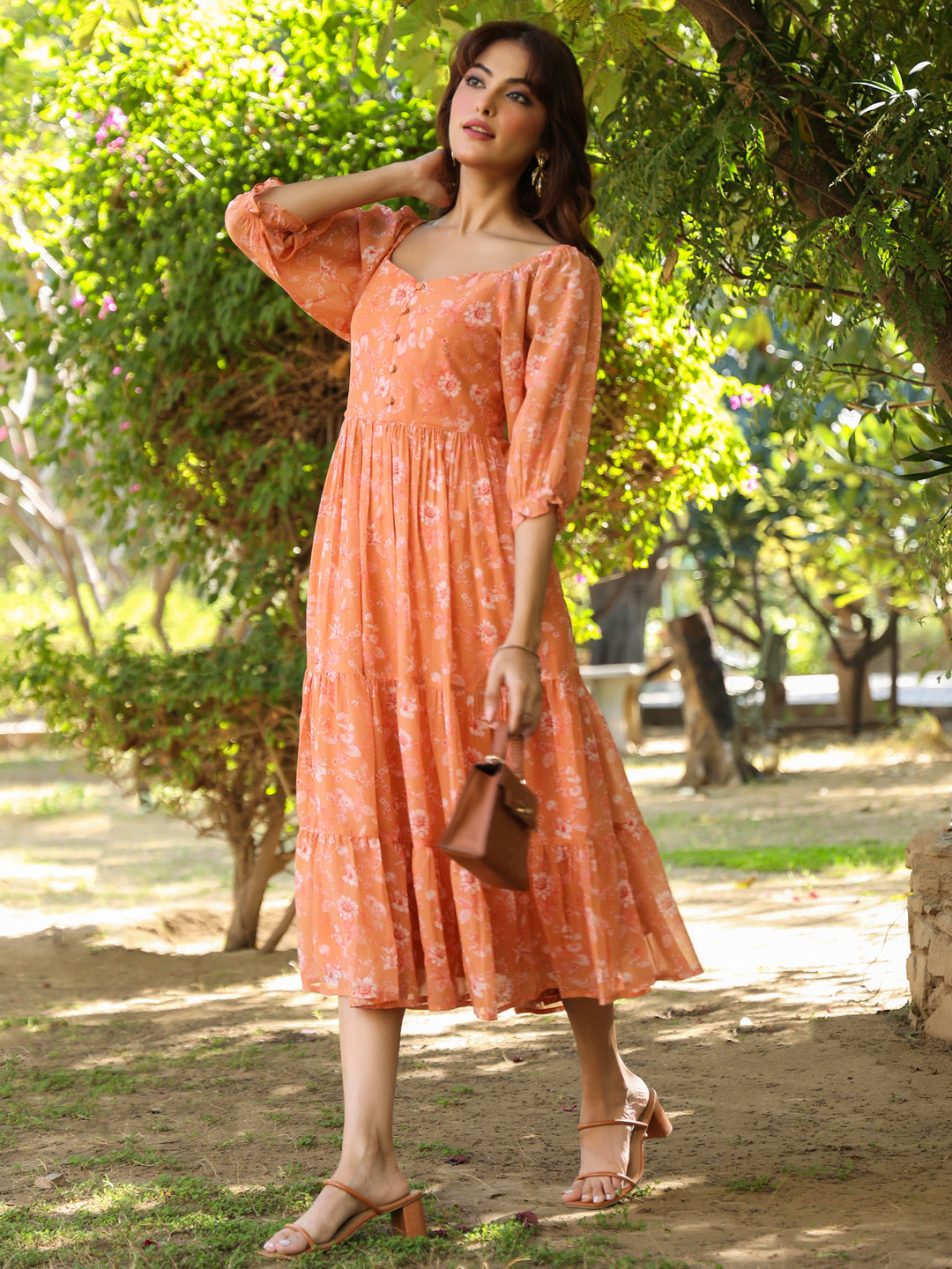 Orange Georgette Floral Printed Tiered Dress - qivii