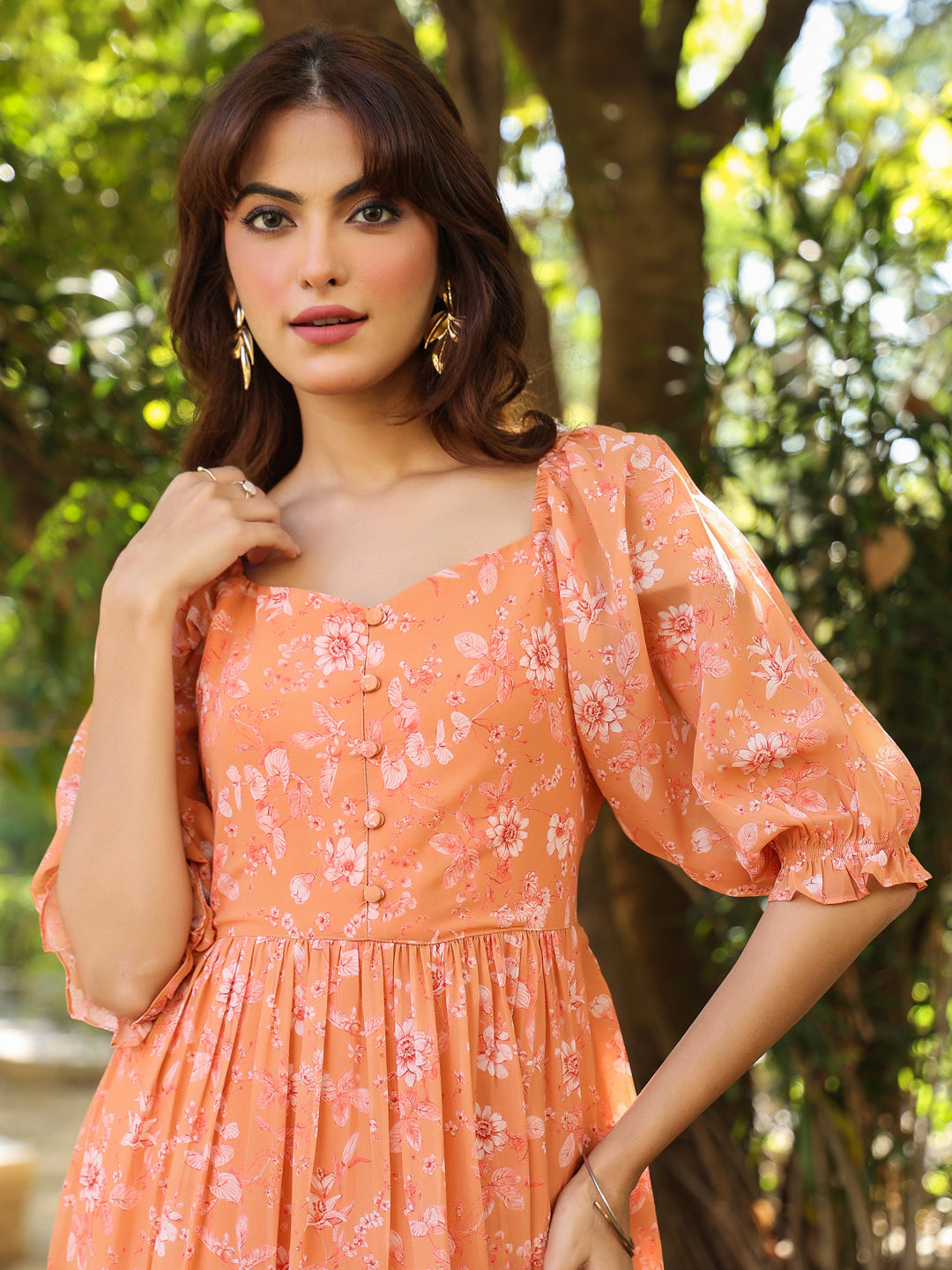Orange Georgette Floral Printed Tiered Dress - qivii