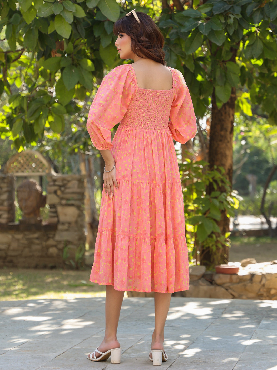 Peach Georgette Floral Printed Tiered Dress - qivii