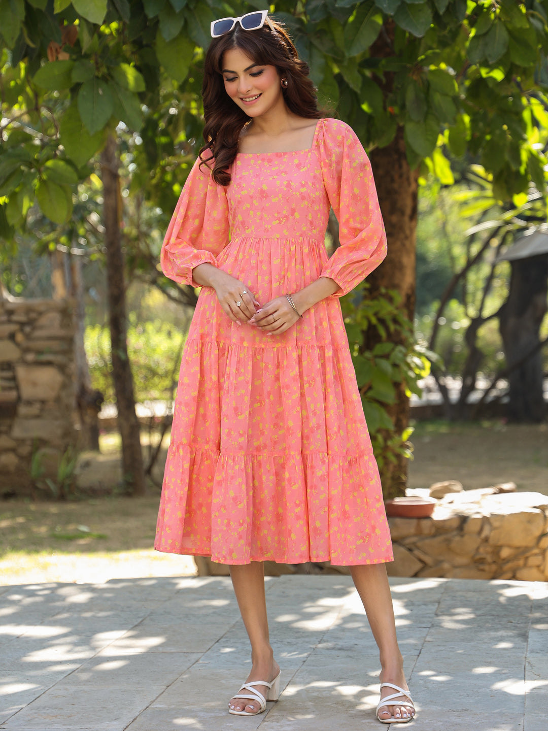 Peach Georgette Floral Printed Tiered Dress - qivii