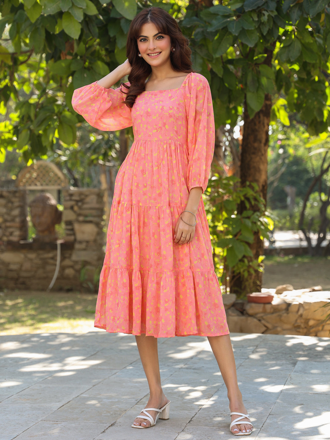 Peach Georgette Floral Printed Tiered Dress - qivii