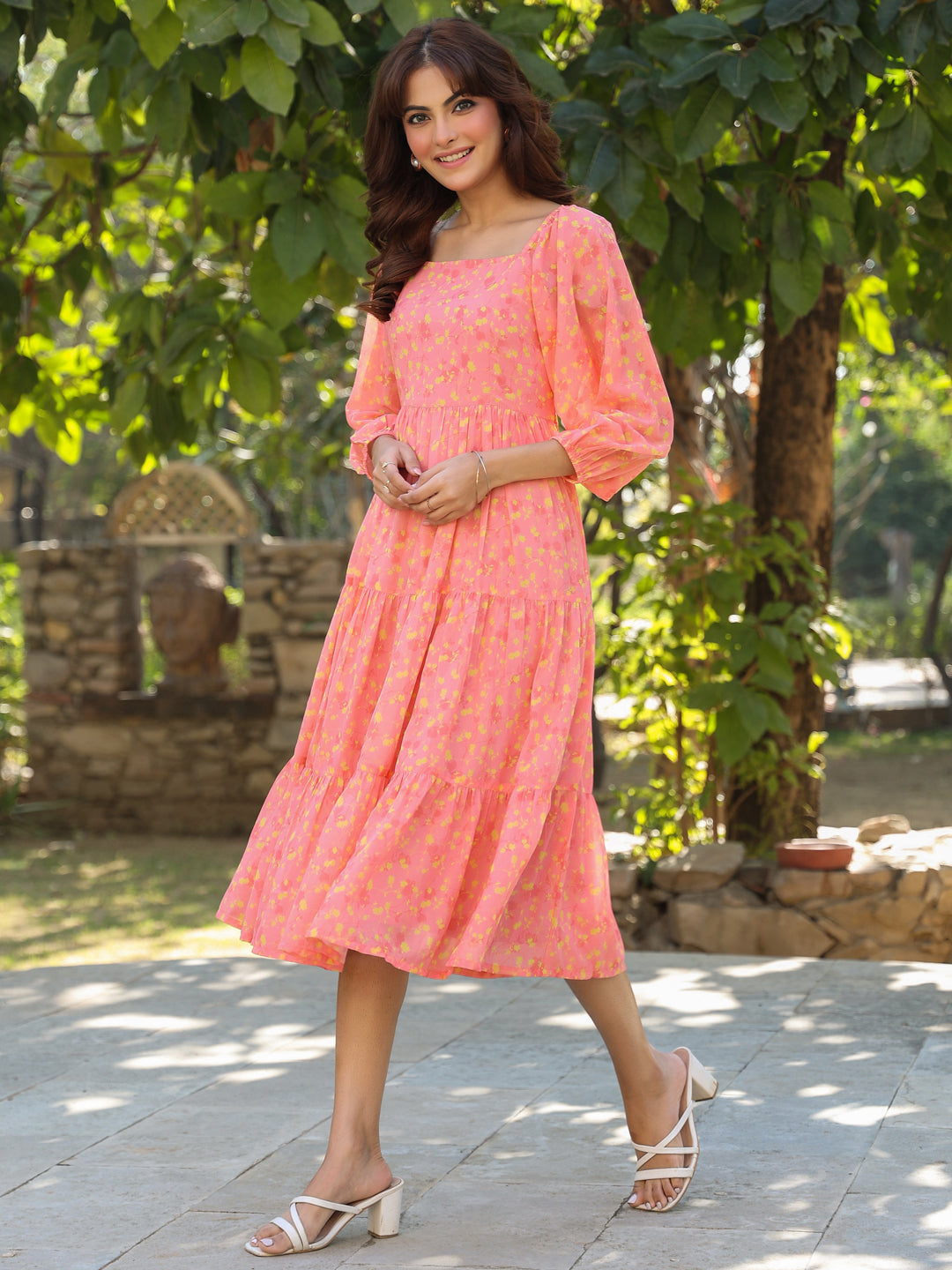 Peach Georgette Floral Printed Tiered Dress - qivii