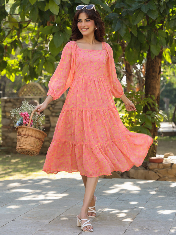 Peach Georgette Floral Printed Tiered Dress - qivii