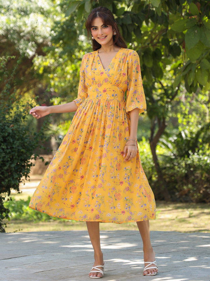 Mustard Georgette Floral Printed Gathered Dress - qivii