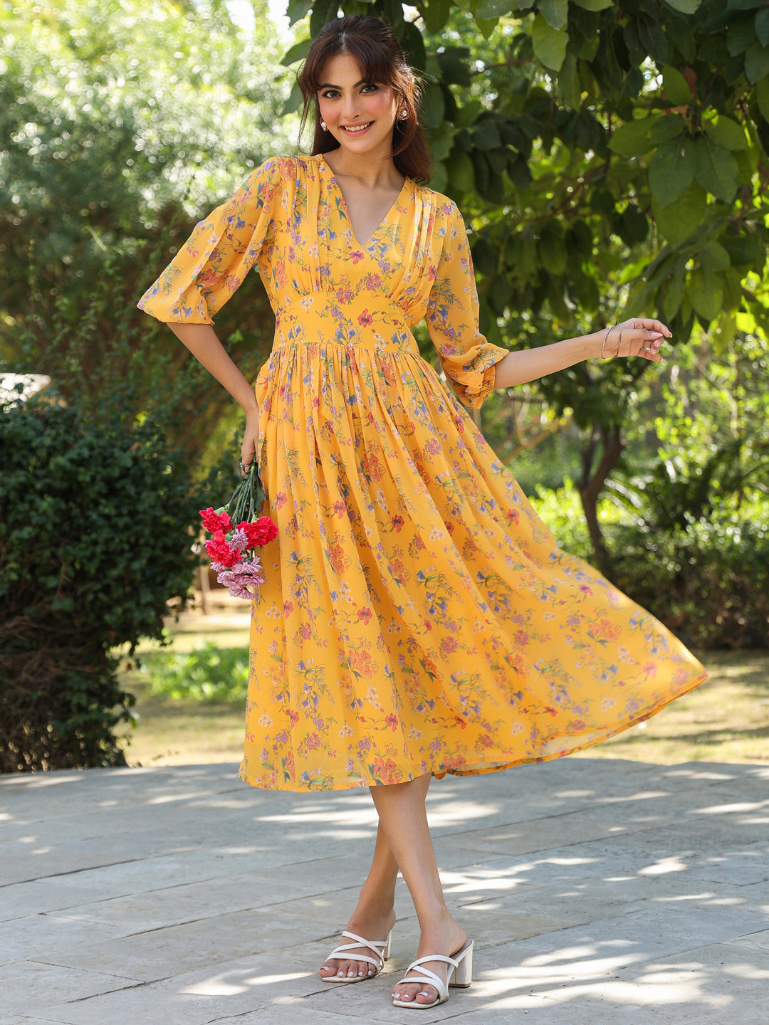 Mustard Georgette Floral Printed Gathered Dress - qivii