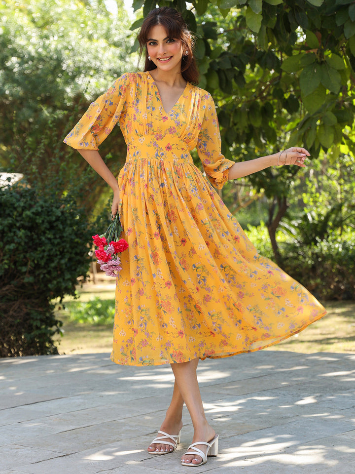 Mustard Georgette Floral Printed Gathered Dress - qivii