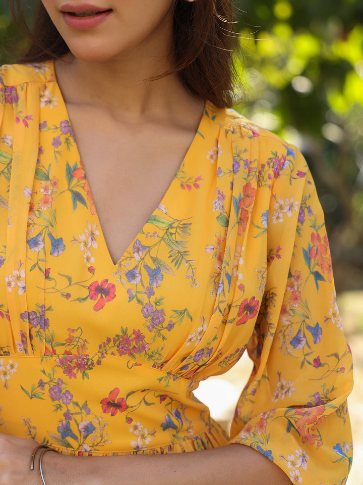 Mustard Georgette Floral Printed Gathered Dress - qivii