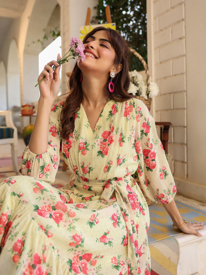 Light Yellow Georgette Floral Printed Fit & Flare Dress - qivii