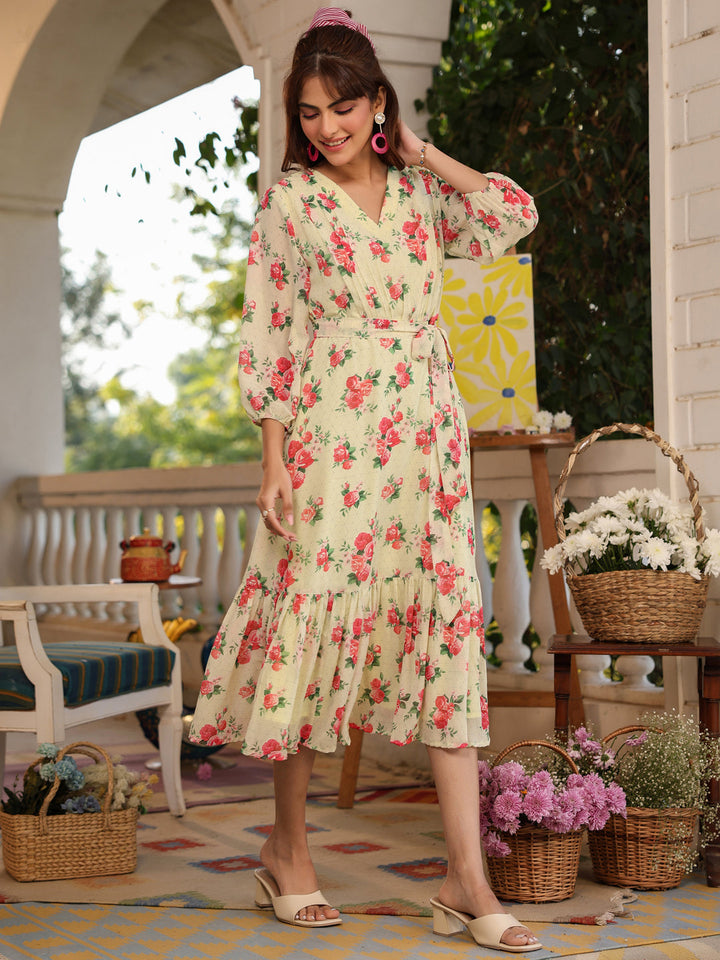 Light Yellow Georgette Floral Printed Fit & Flare Dress - qivii
