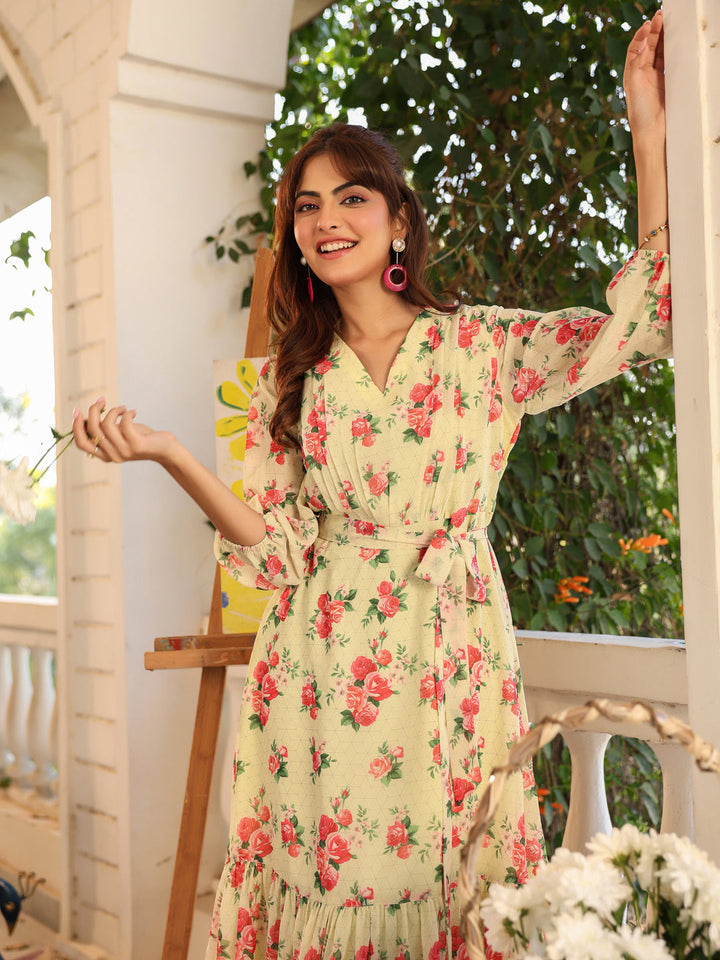Light Yellow Georgette Floral Printed Fit & Flare Dress - qivii