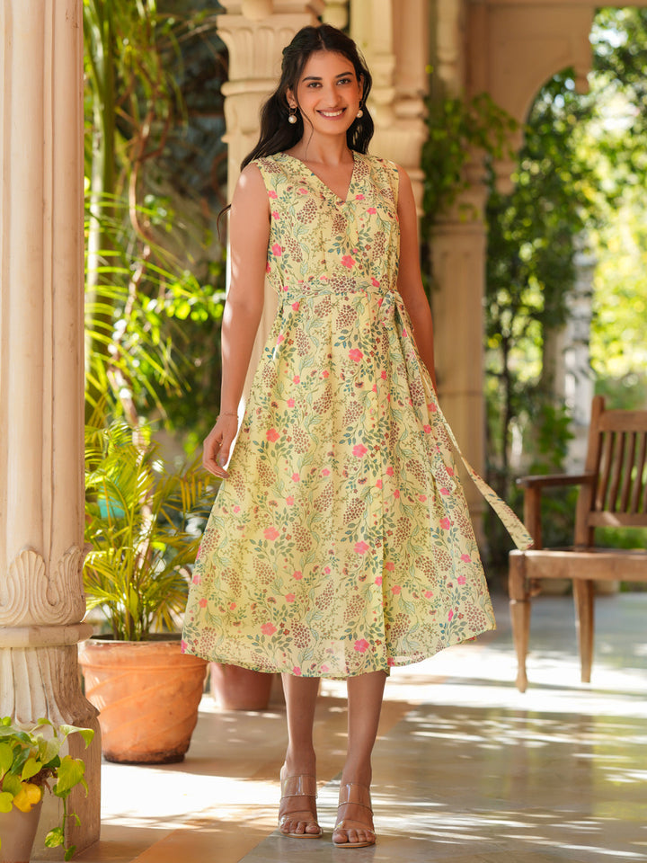 Light Green Georgette Floral Printed A-Line Dress - qivii
