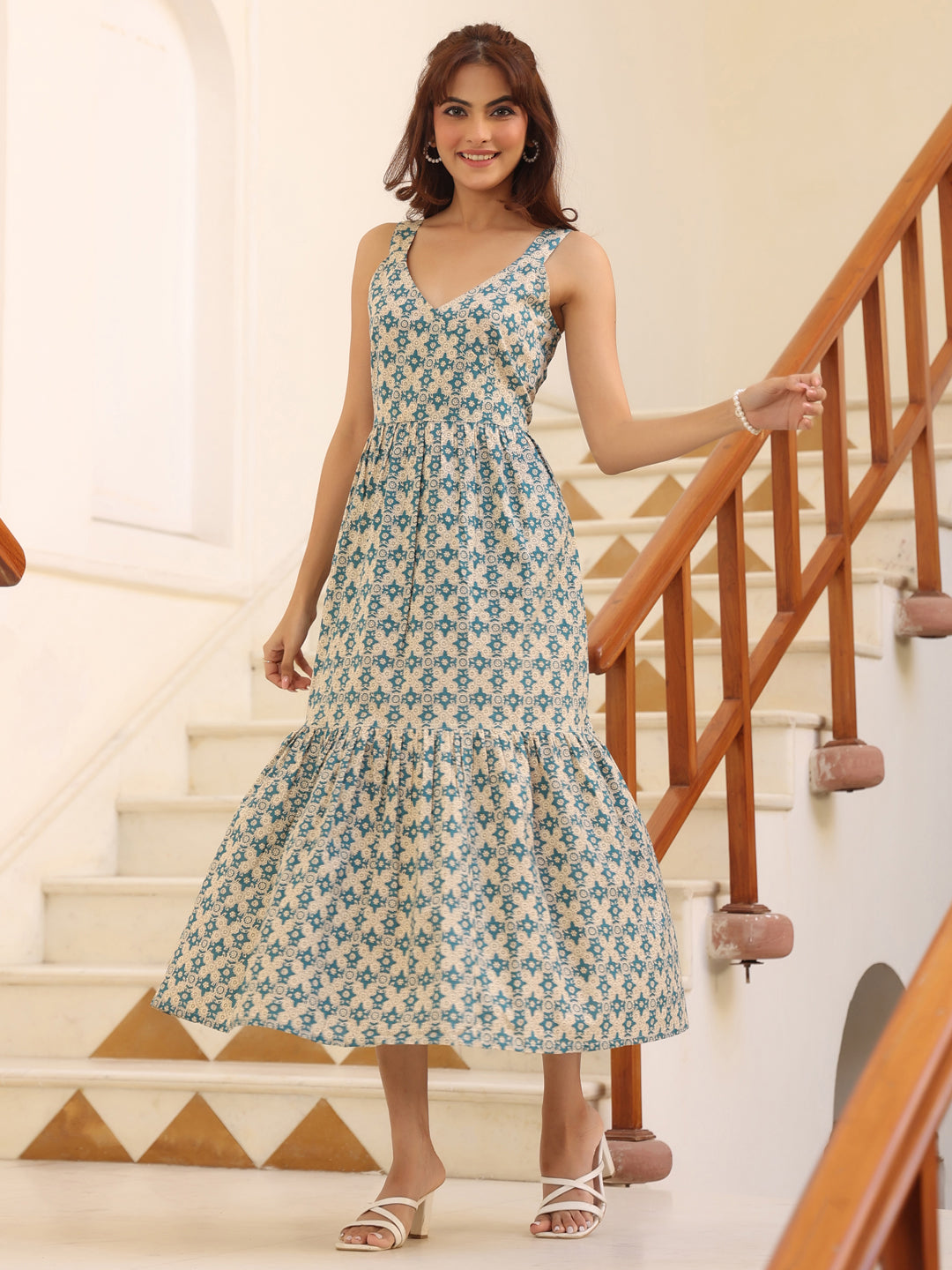 Beige Pure Cotton Ethnic Motifs Printed Tiered Dress - qivii