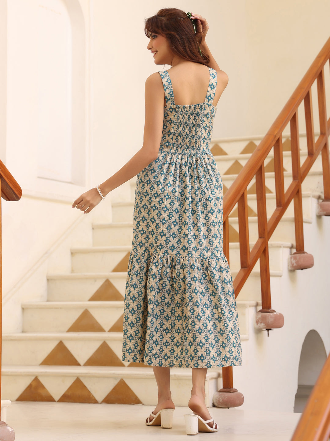 Beige Pure Cotton Ethnic Motifs Printed Tiered Dress - qivii