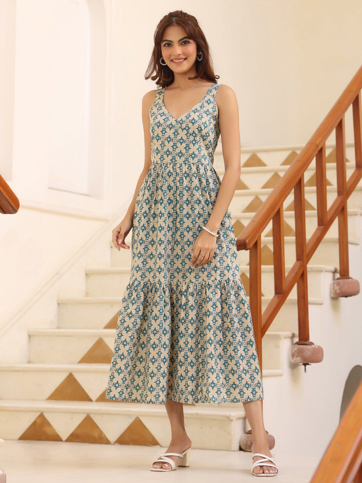 Beige Pure Cotton Ethnic Motifs Printed Tiered Dress - qivii