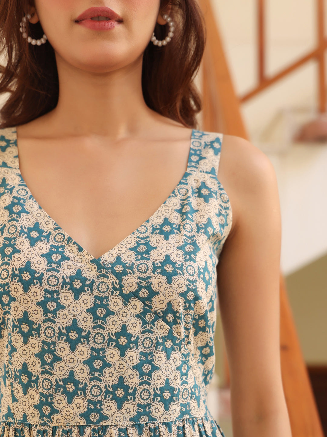 Beige Pure Cotton Ethnic Motifs Printed Tiered Dress - qivii