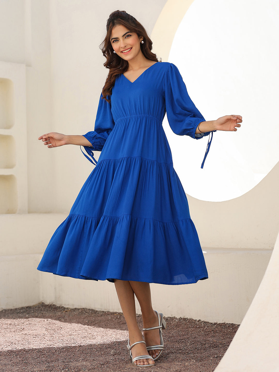 Royal Blue Rayon Solid Tiered Dress - qivii
