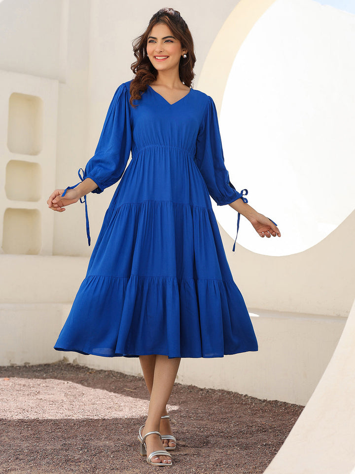 Royal Blue Rayon Solid Tiered Dress - qivii