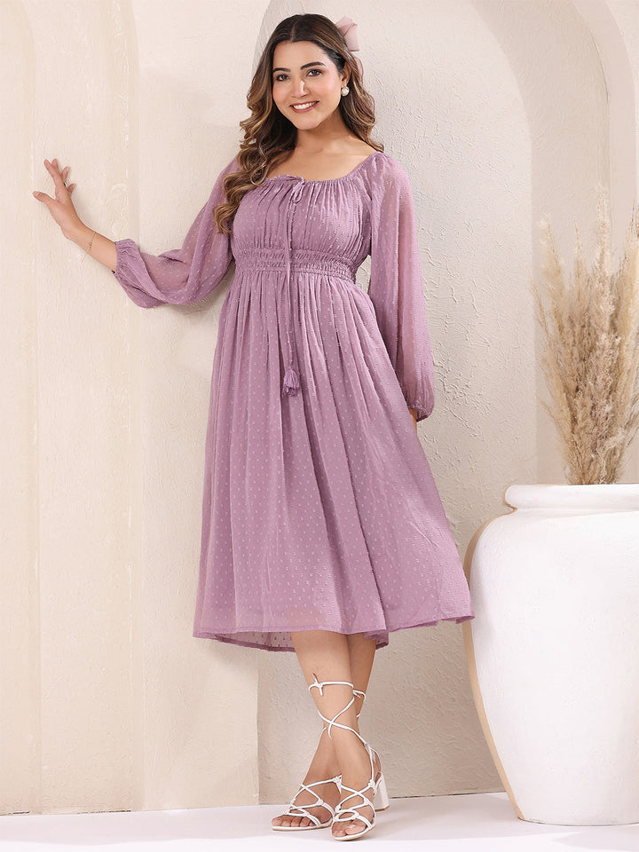 Lavender Dobby Chiffon Self Design Fit & Flare Dress - qivii